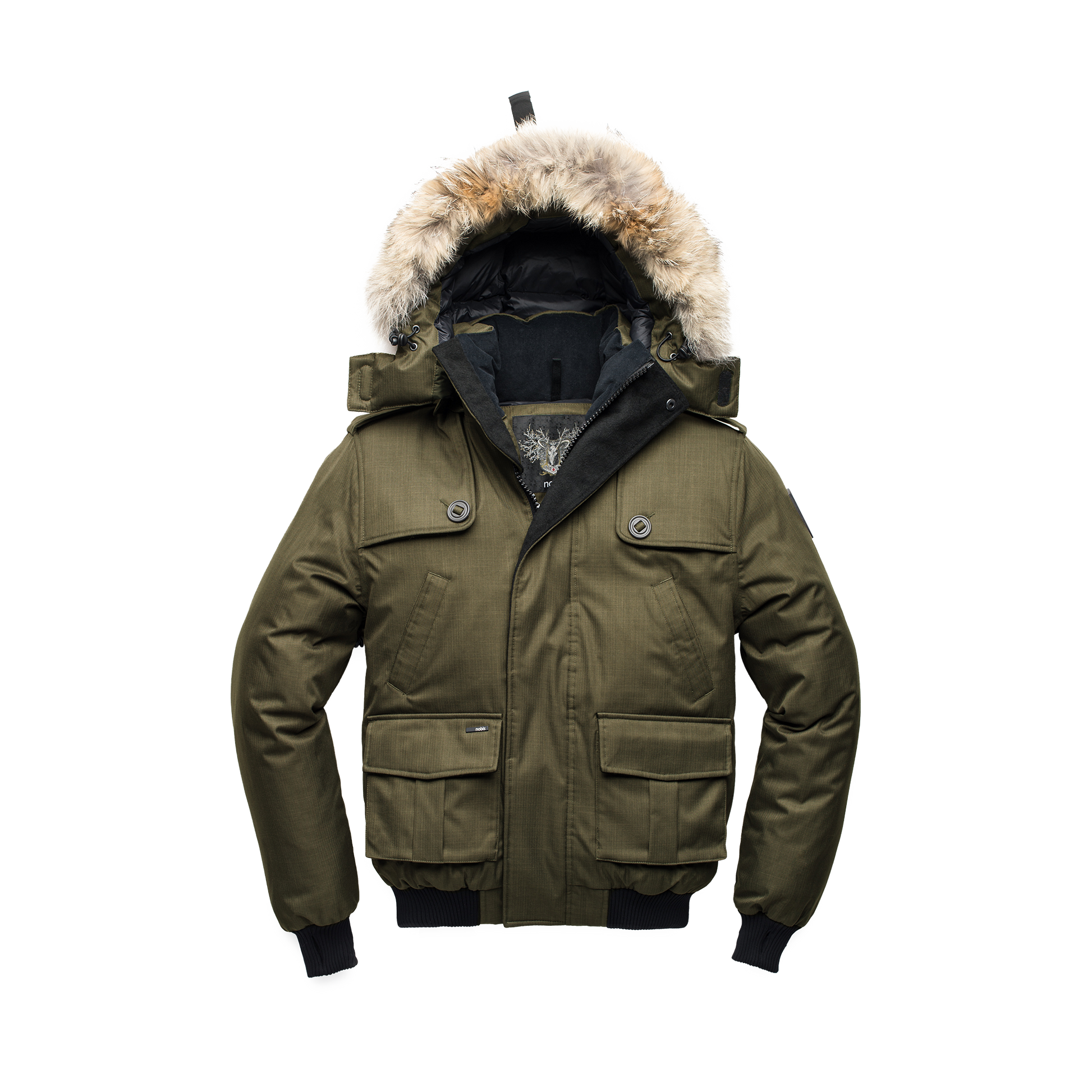 Men's down filled bomber that sits just above the hips with a completely removable hood that's windproof, waterproof, and breathable in CH Fatigue