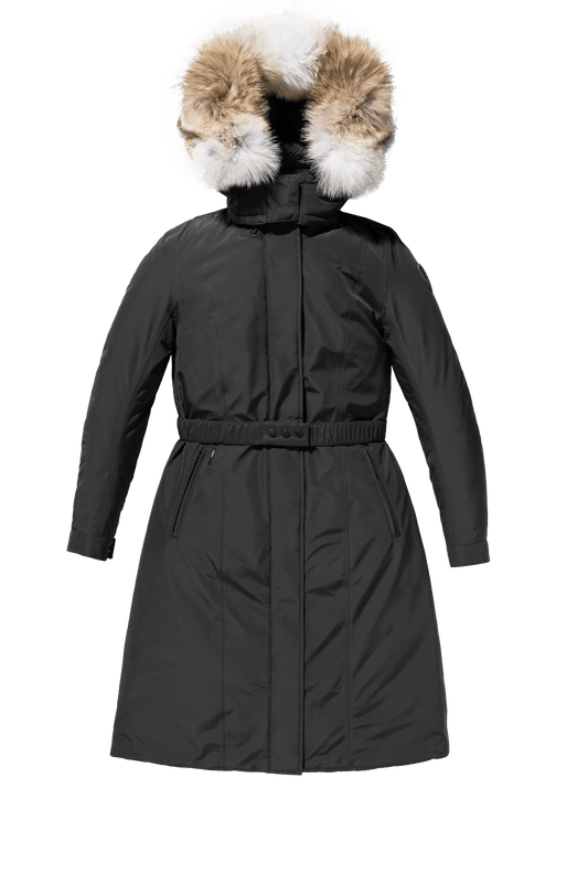 Celest Ladies Duster Parka in knee length, Canadian duck down insulation, removable hood and coyote fur trim, with adjustable belt, in Black + Black