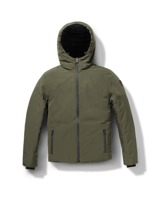 Chris Men's Mid Weight Reversible Puffer Jacket in hip length, Canadian duck down insulation, non-removable adjustable hood, ribbed cuffs, and quilted body on reversible side, in Fatigue + Fatigue