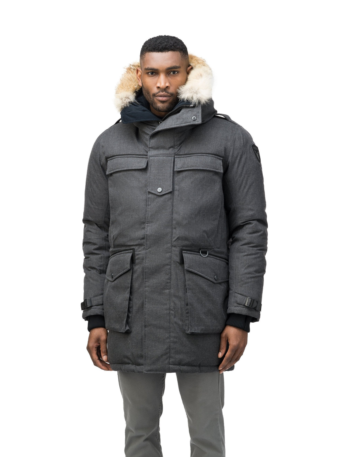 Men's extreme wamrth down filled parka with baffle box construction for even down distribution in Heather Charcoal