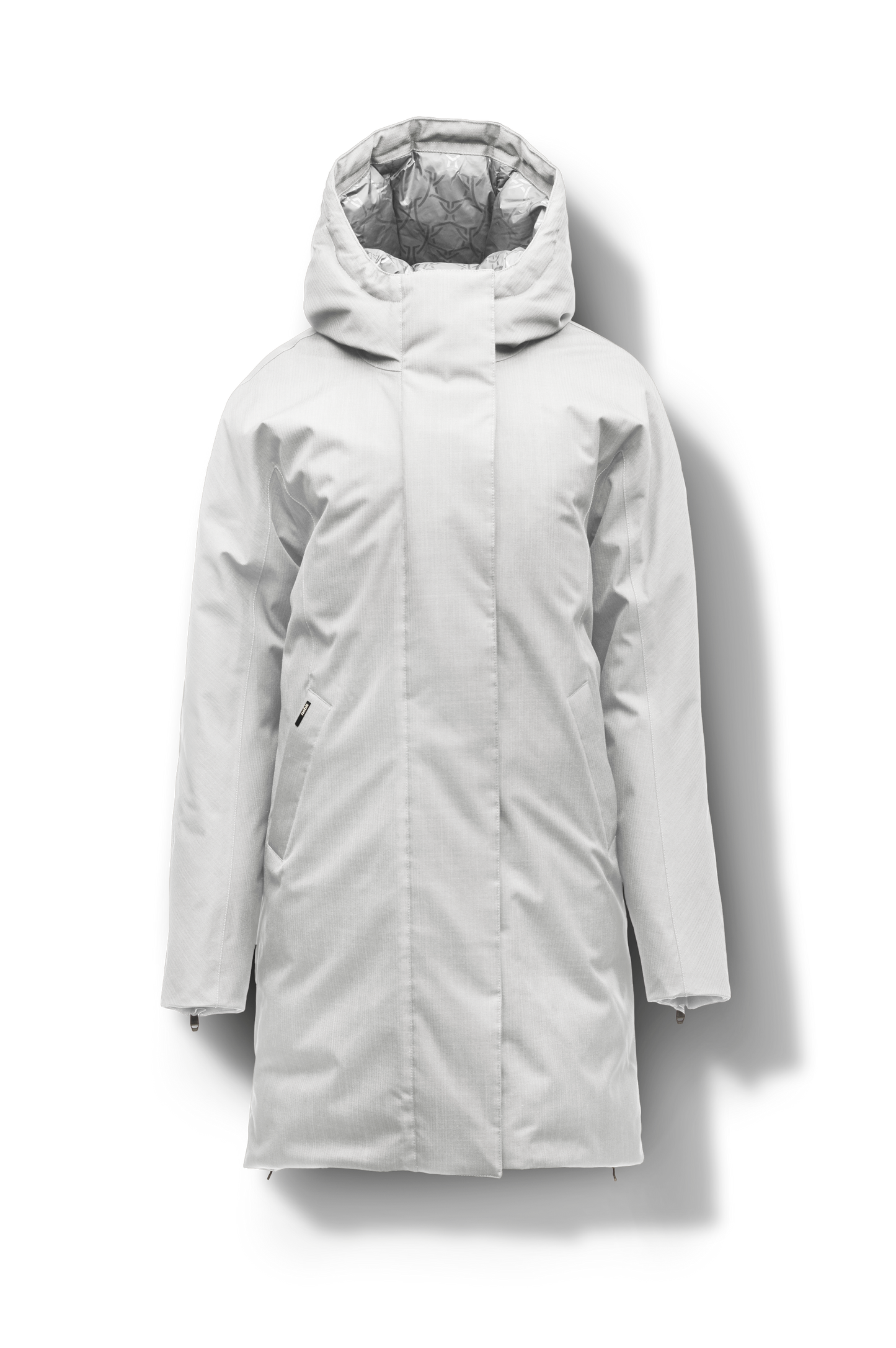 Dory Women's Tailored Back Zip Parka in knee length, premium Crosshatch fabrication, Premium Canadian White Duck Down insulation, non-removable down-filled hood, removable interior hood, centre front two-way zipper with wind flap, vertical zipper detailing along back, in Light Grey