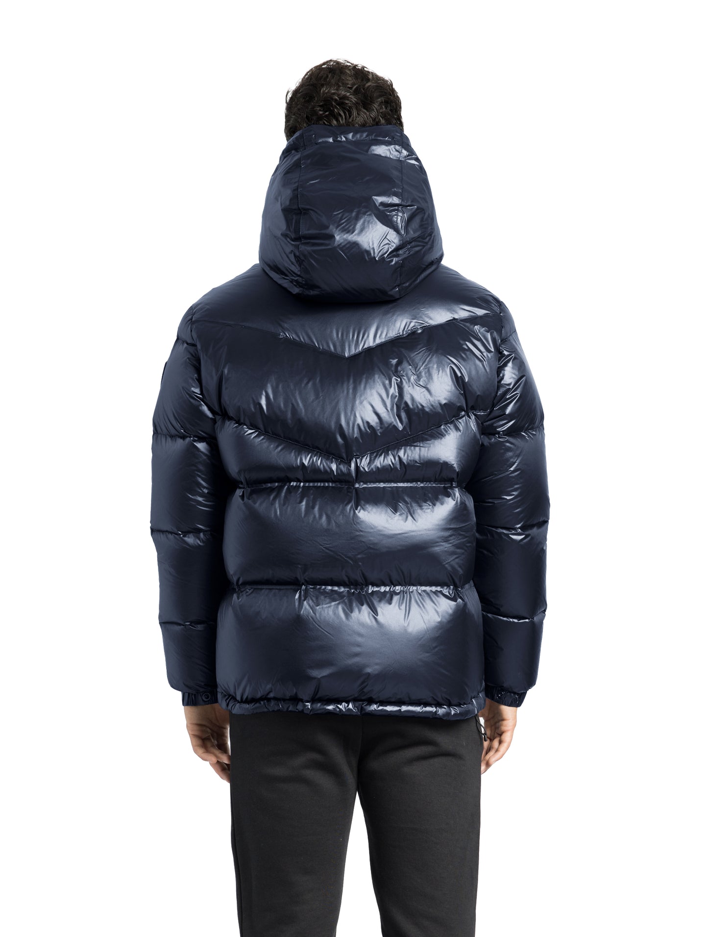 Dyna Men's Chevron Quilted Puffer Jacket in hip length, premium cire technical nylon taffeta fabrication, Premium Canadian origin White Duck Down insulation, non-removable down-filled hood, two-way centre-front zipper, fleece-lined zipper pockets at waist, pit zipper vents, in Navy