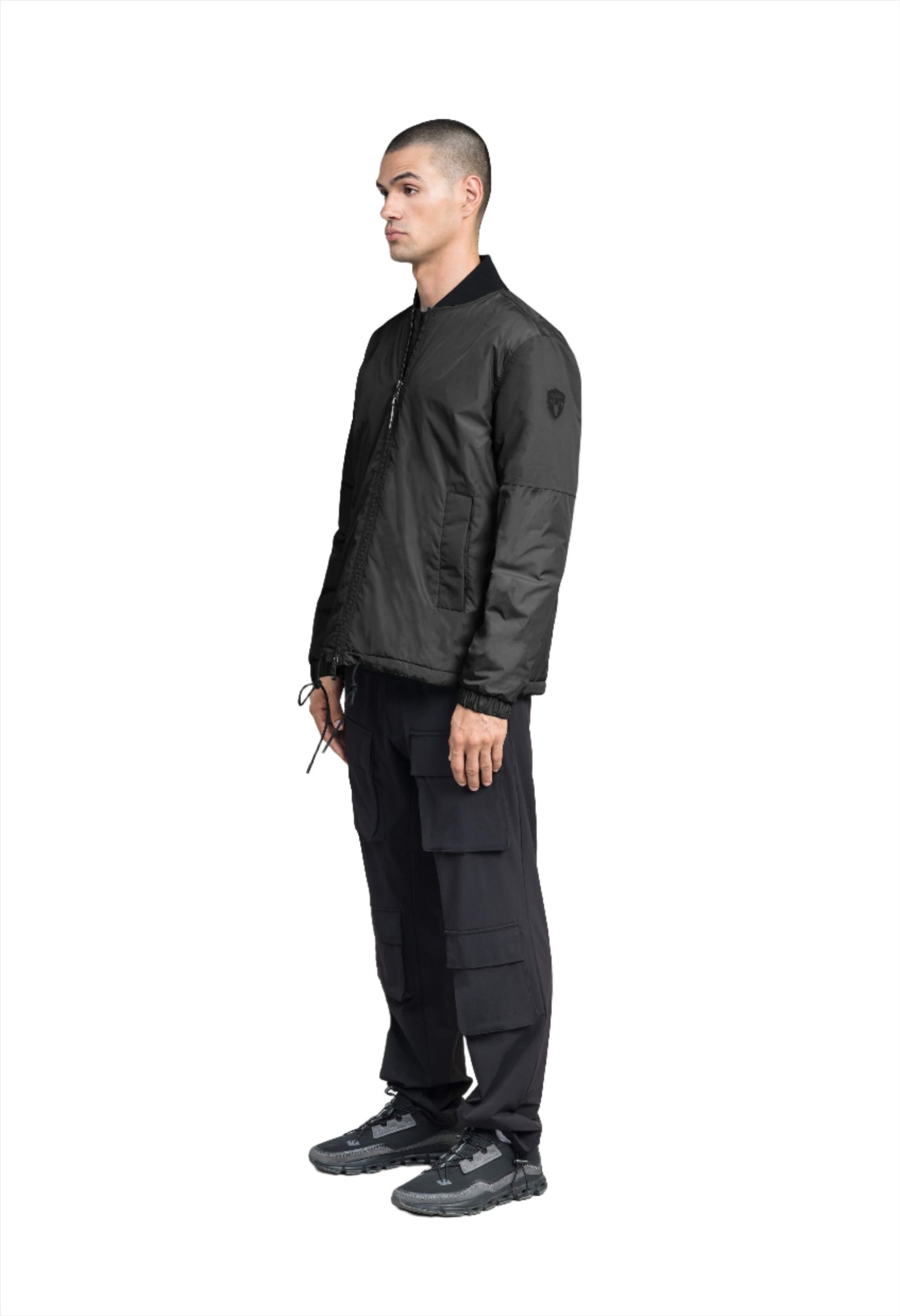 Edgemont Men's Tailored Coach Jacket in hip length, rib knit collar, elastic cuffs, centre front two-wau zipper, single welt waist pockets, adjustable waist drawstring, in Black