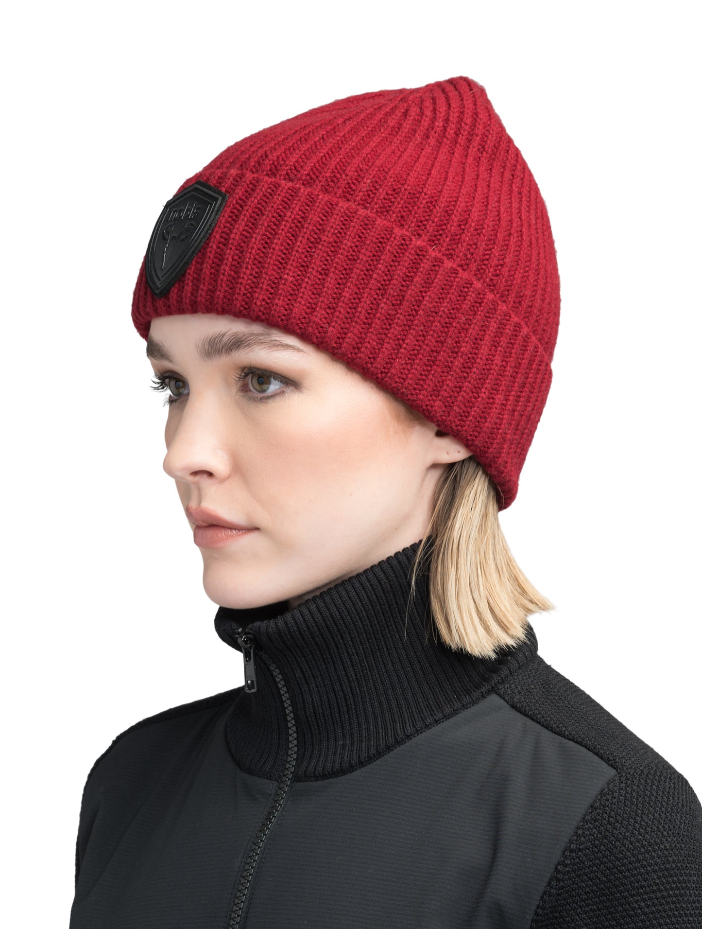 Emer Unisex Tailored Chunky Knit Beanie in extra fine merino wool blend, and black leather Nobis shield logo on cuff, in Rio Red