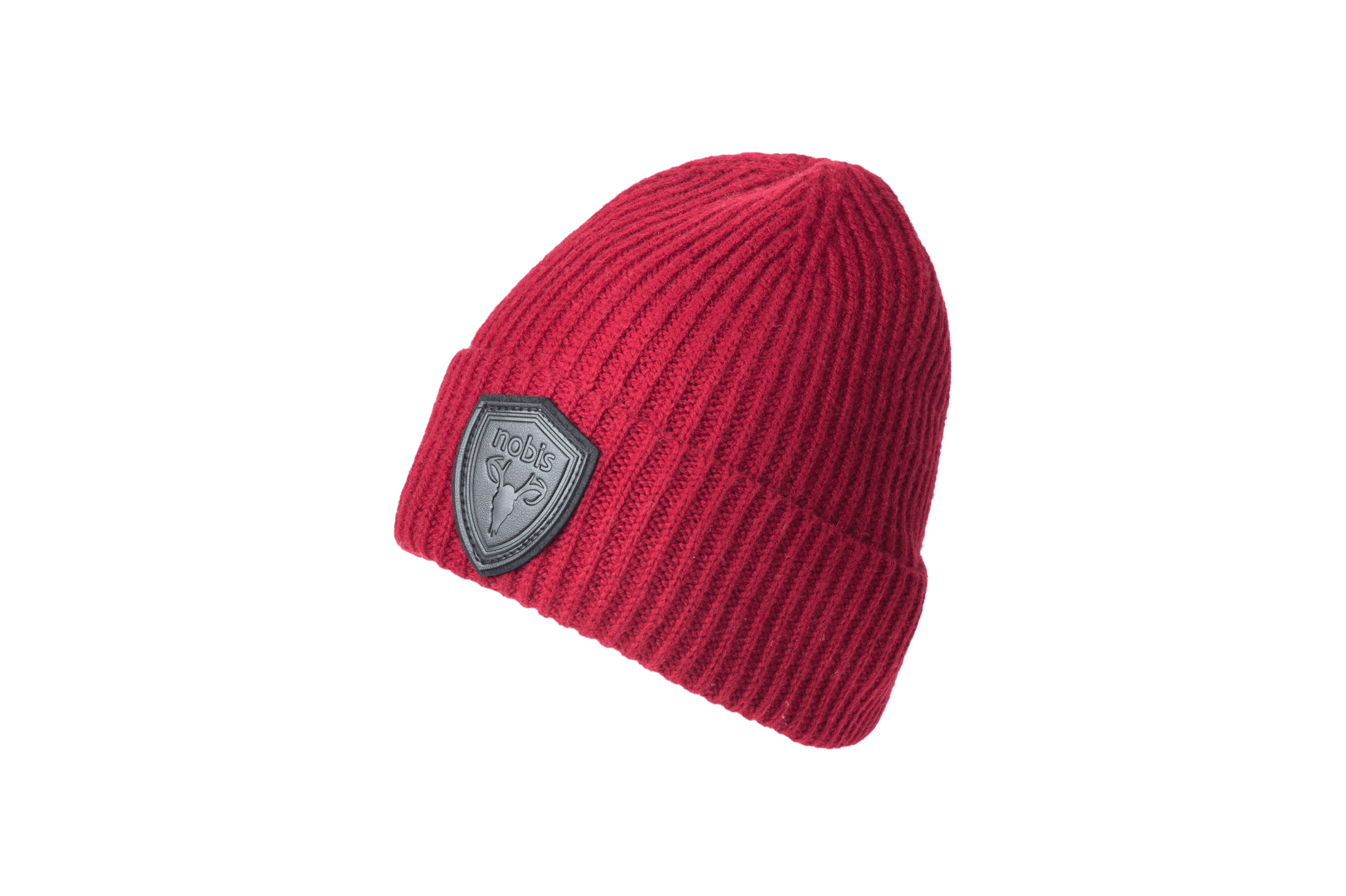 Emer Unisex Tailored Chunky Knit Beanie in extra fine merino wool blend, and black leather Nobis shield logo on cuff, in Rio Red
