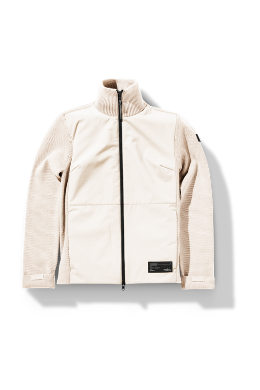 Evo Ladies Performance Full Zip Sweater in hip length, Primaloft Gold Insulation Active+, Merion wool knit collar, sleeves, back, and cuffs, two-way front zipper, and hidden waist pockets, in Chalk + Chalk