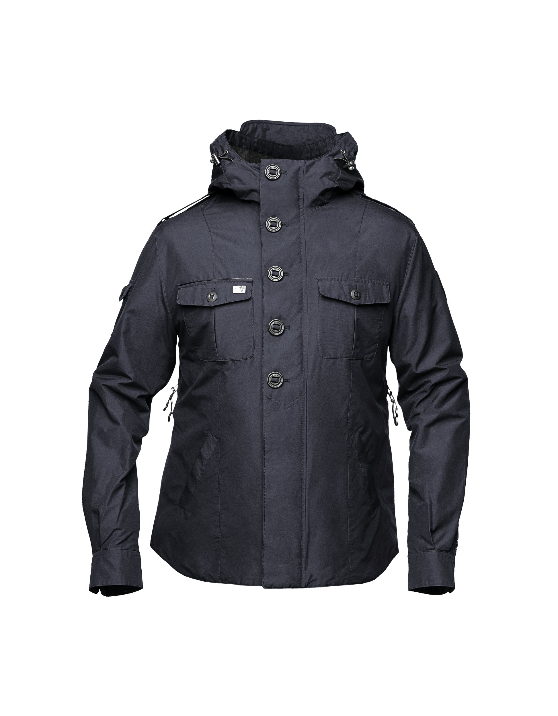 Men's hooded shirt jacket with patch chest pockets in Navy