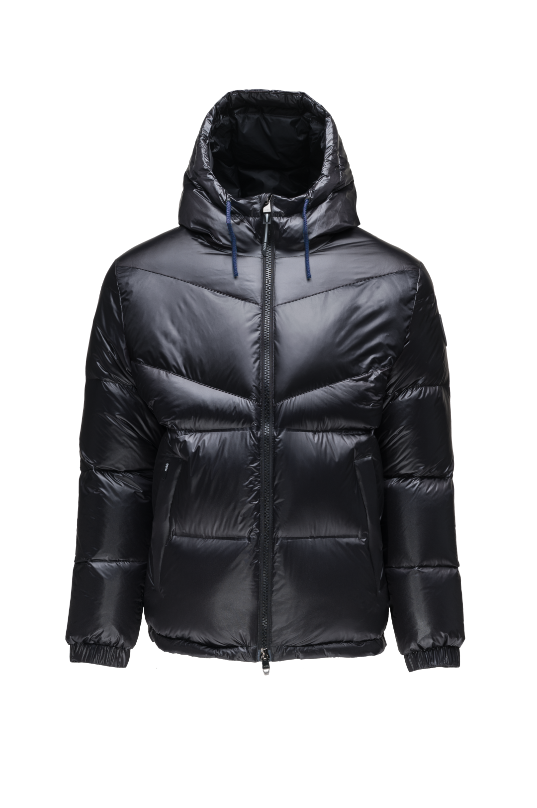 Dyna Men's Chevron Quilted Puffer Jacket in hip length, premium cire technical nylon taffeta fabrication, Premium Canadian origin White Duck Down insulation, non-removable down-filled hood, two-way centre-front zipper, fleece-lined zipper pockets at waist, pit zipper vents, in Black