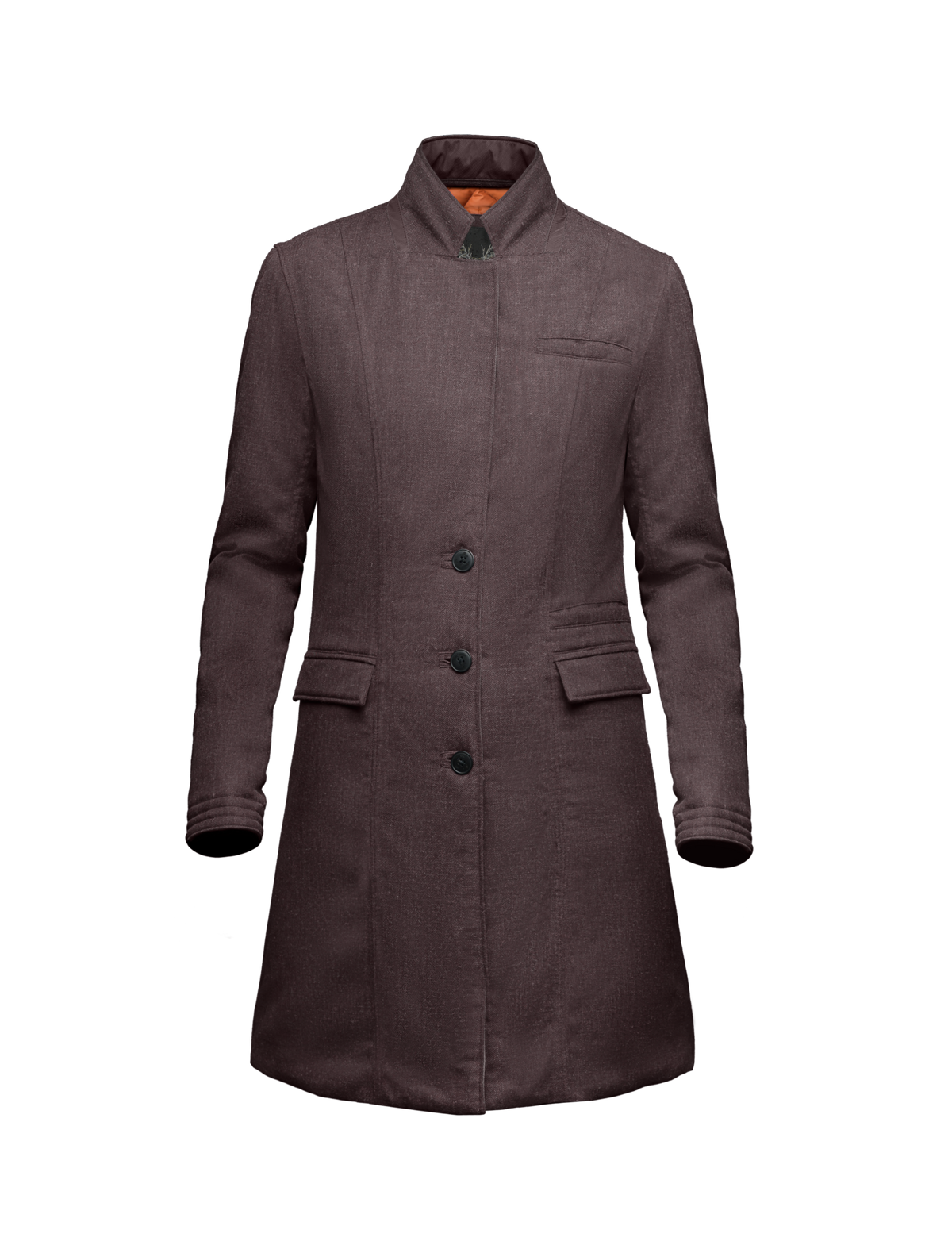 Women's mid length down filled overcoat in Heather Burgundy