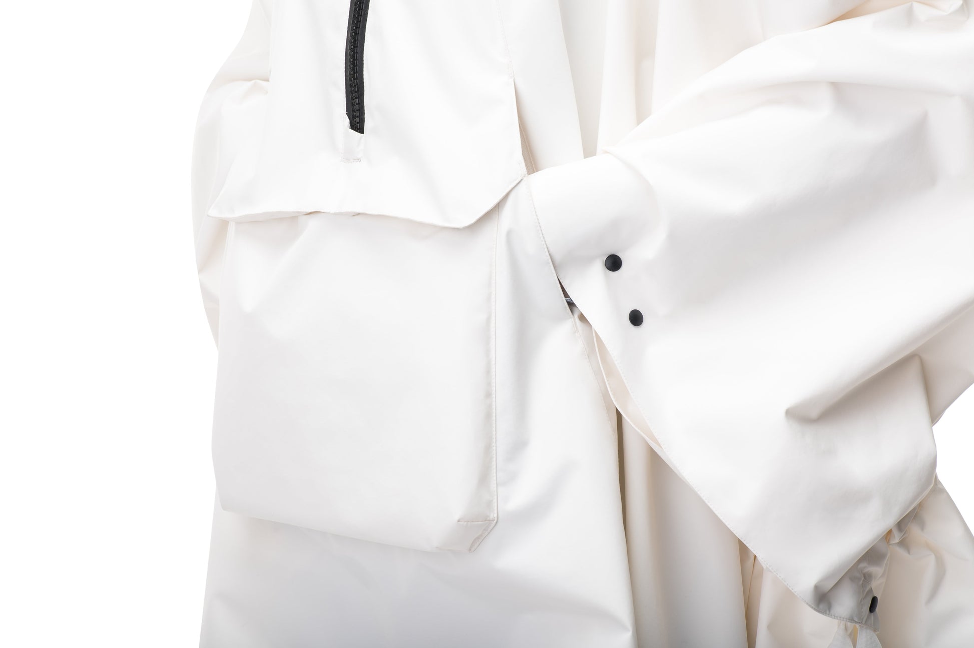 Hydra Unisex Performance Poncho in thigh length, non-removable hood, vertical half-zipper along centre front collar, hidden side-entry waist zipper pockets, adjustable webbing straps and snap closure cuffs, and packable to front kangaroo pocket with flap opening, in Chalk