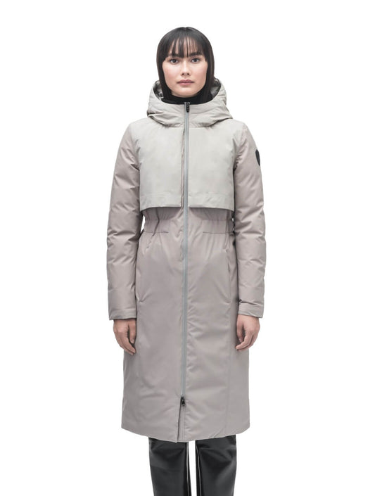 Iris Ladies Long Parka in below the knee length, Canadian duck down insulation, non-removable hood, and two-way zipper, in Clay + Clay