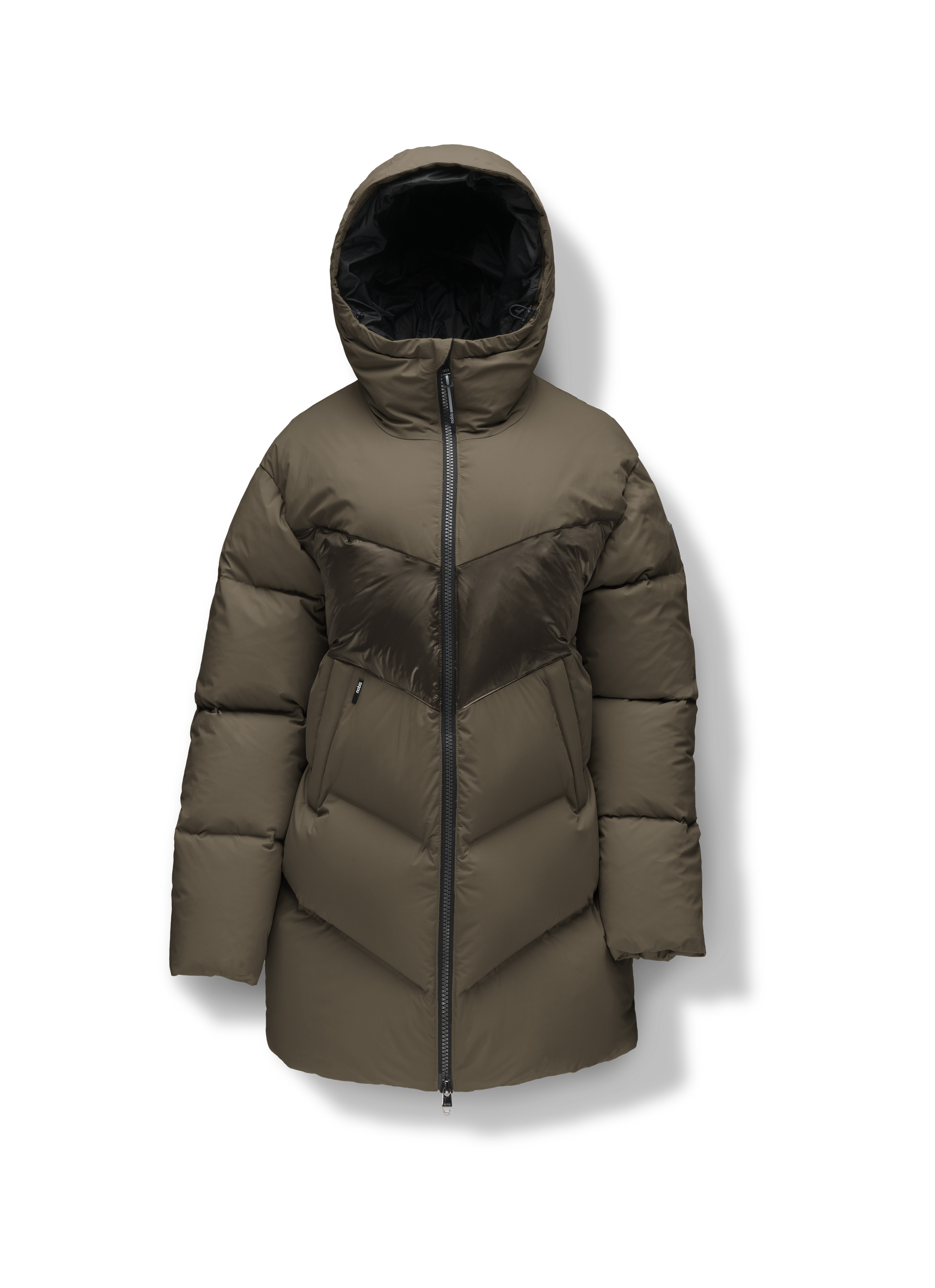 Isla Women's Chevron Quilted Puffer Jacket in thigh length, premium technical nylon taffeta fabrication, Premium Canadian origin White Duck Down insulation, non-removable down-filled hood, two-way centre-front zipper, zipper pockets at waist, contrast cire technical nylon taffeta detailing on chest and back, in Fatigue