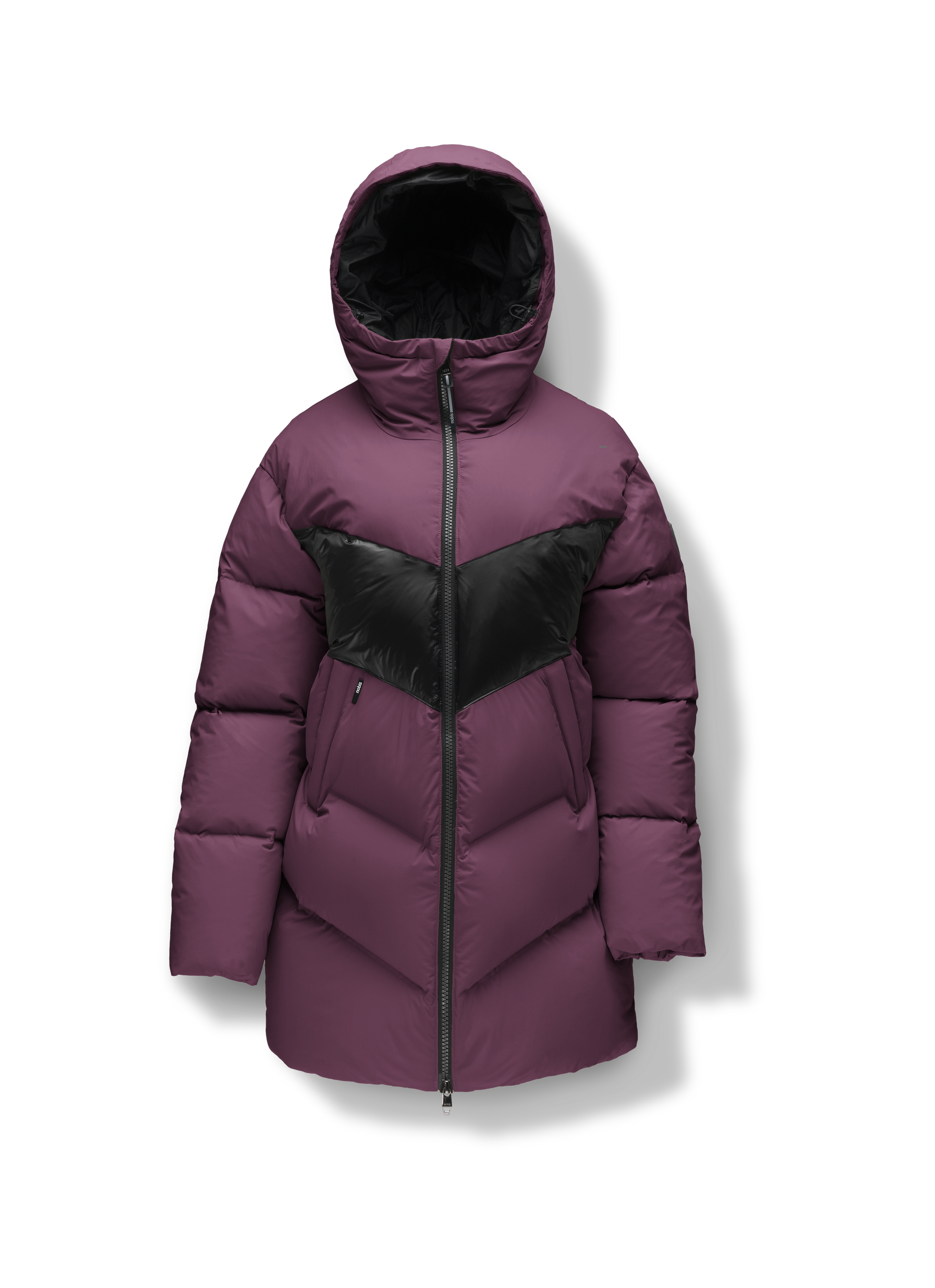 Isla Women's Chevron Quilted Puffer Jacket in thigh length, premium technical nylon taffeta fabrication, Premium Canadian origin White Duck Down insulation, non-removable down-filled hood, two-way centre-front zipper, zipper pockets at waist, contrast cire technical nylon taffeta detailing on chest and back, in Potent Purple