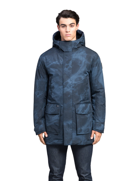 Kason Men's Light Down Parka in thigh length, premium 3-ply micro denier and stretch ripstop fabrication, Premium Canadian origin White Duck Down insulation, non-removable down-filled hood, two-way centre-front zipper, magnetic closure wind flap, fleece-lined pockets at chest and waist, flap pockets at waist, pit zipper vents, in Navy