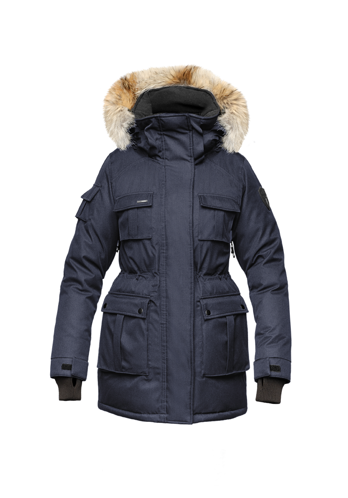 Kid's knee length parka with magnetized closure in CH Navy