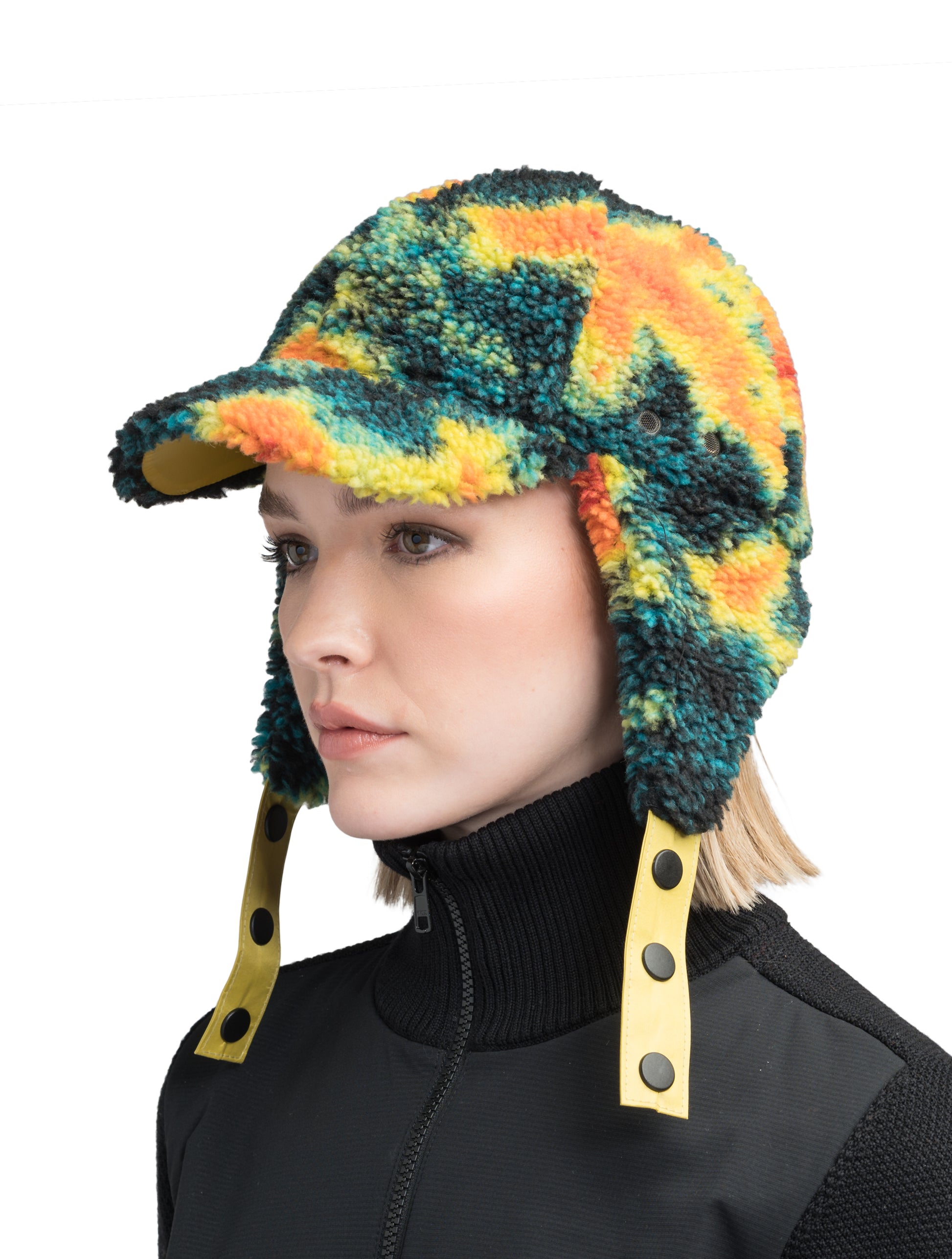 Knox Unisex Berber Ball Cap with Ear Flaps in premium berber fabrication at body, with premium cire technical nylon taffeta at straps and underbrim, ear flaps with adjustable snap button closure straps, and an elastic sweatband, in Heat Map
