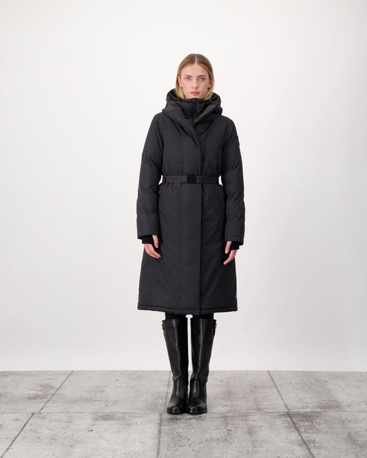 Long calf length hooded women's winter parka with an inner hip length closure, exterior hem length zipper and magnetic placket in Black
