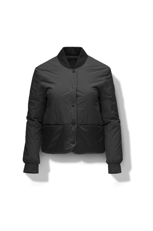 Lexi Women's Reversible Midlayer Jacket in waist length, premium stretch ripstop and contrast cire technical nylon taffeta fabrication, premium 4-way stretch, water resistant Primaloft Gold Insulation Active+, snap button closure at centre front, exterior magnetic closure pockets at sides, elasticized cuff details, and reversible from a quilted or smooth outer shell, in Black + Black