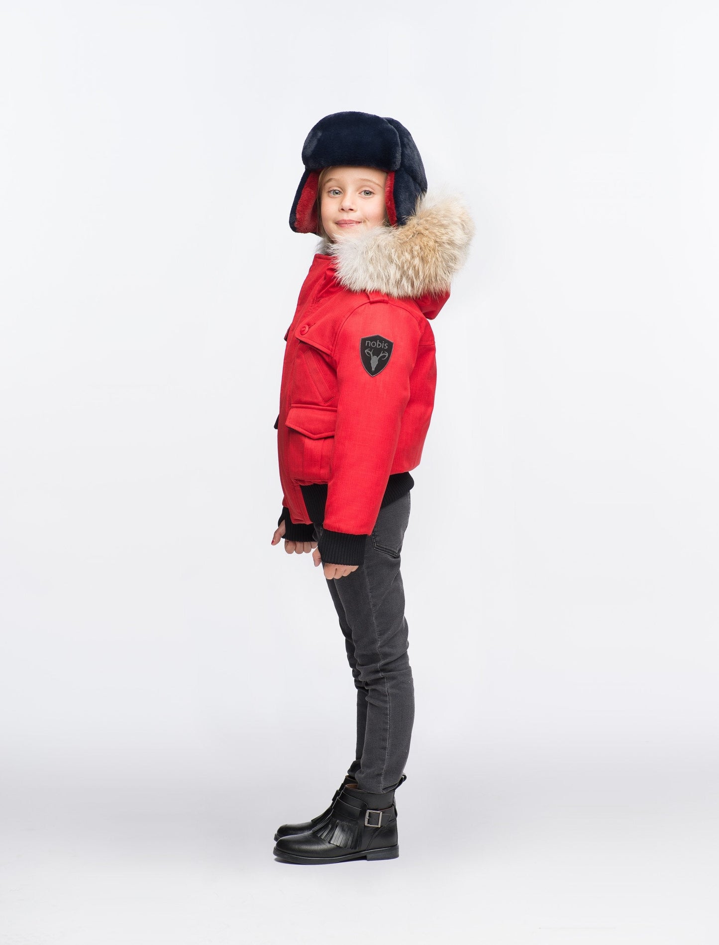 Kid's waist length down bomber jacket with fur trim hood in CH Red