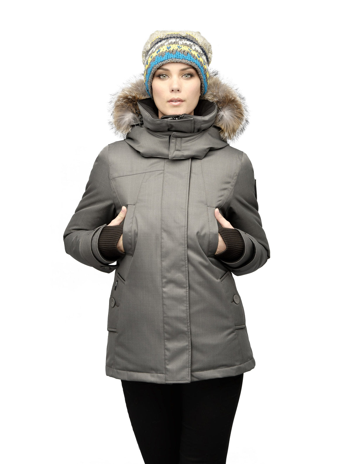 Women's down filled waist length parka with removable fur trim and removable hood in Steel Grey