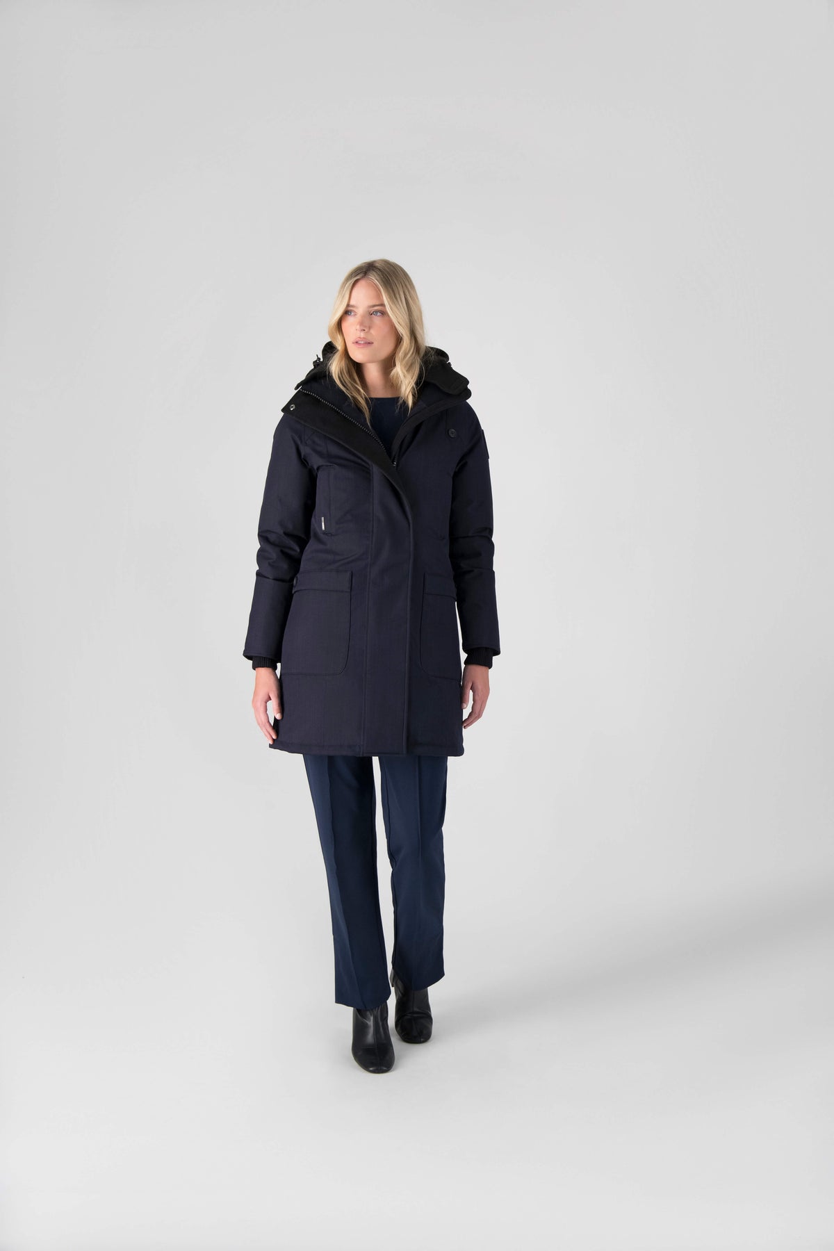 Best selling women's down filled knee length parka with removable down filled hood in Navy