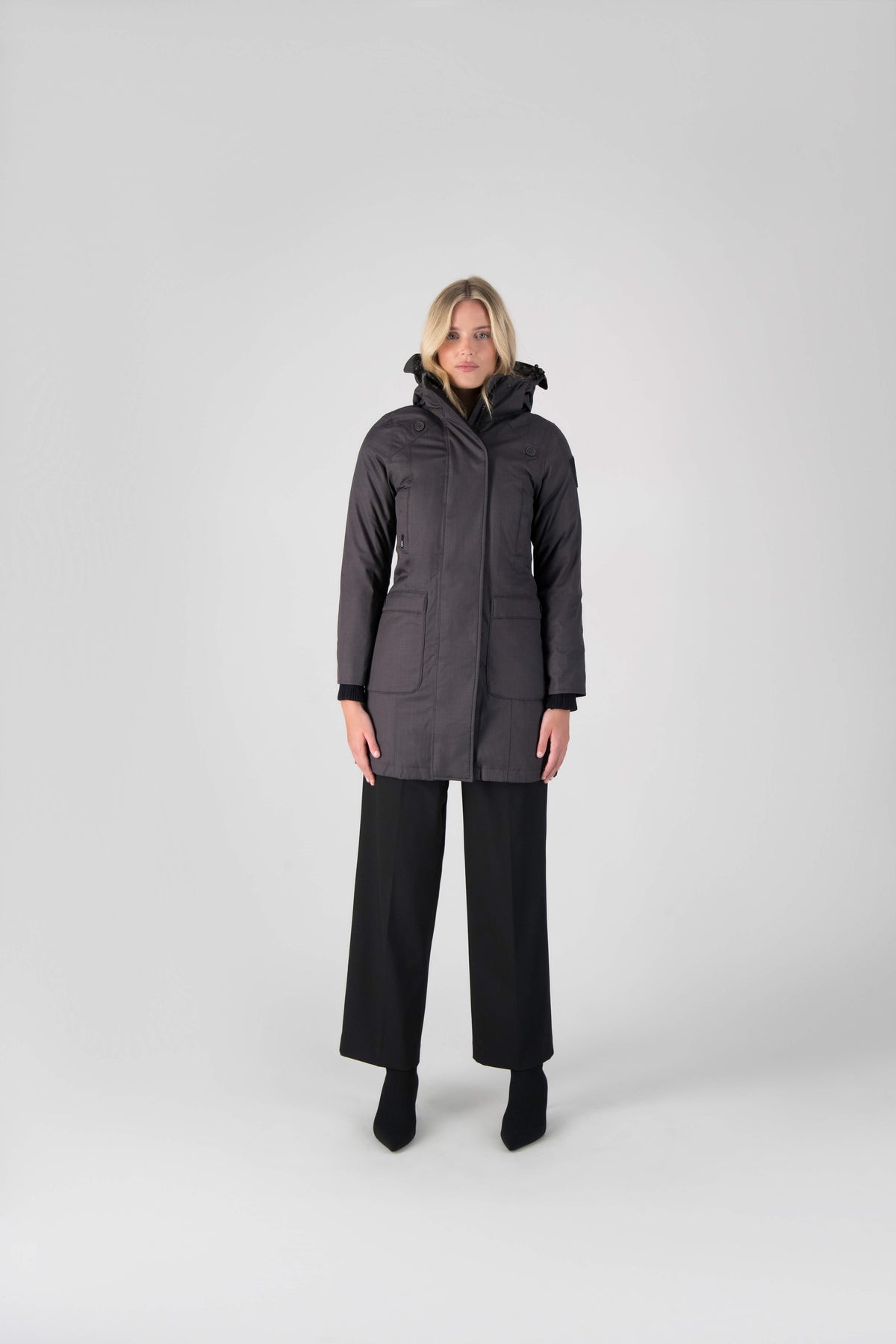 Best selling women's down filled knee length parka with removable down filled hood in Steel Grey