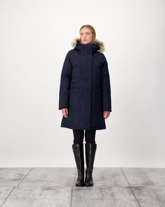 Best selling women's down filled knee length parka with removable down filled hood in CH Navy