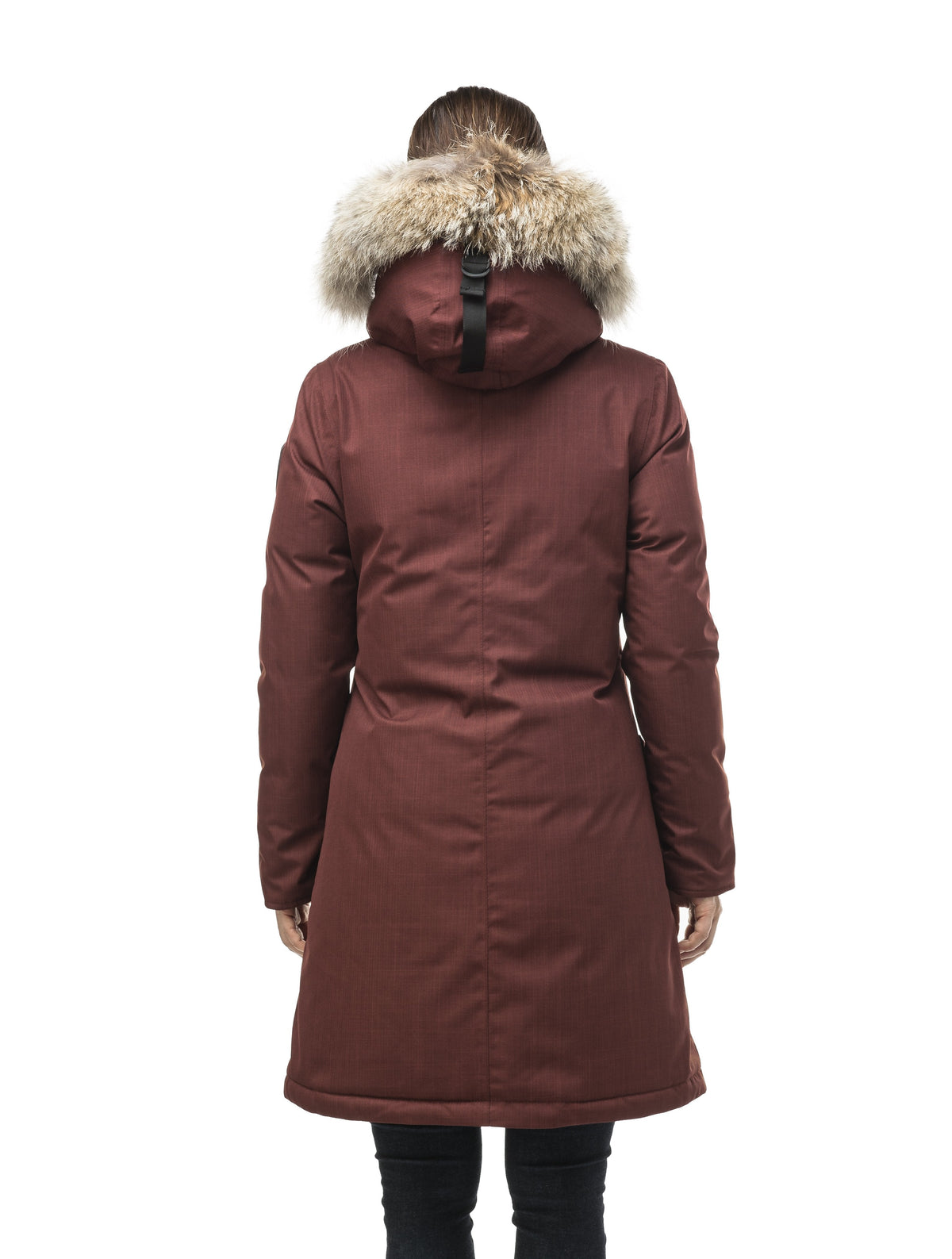 Best selling women's down filled knee length parka with removable down filled hood in Rum