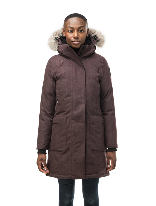 Best selling women's down filled knee length parka with removable down filled hood in H. Burgundy + H. Burgundy