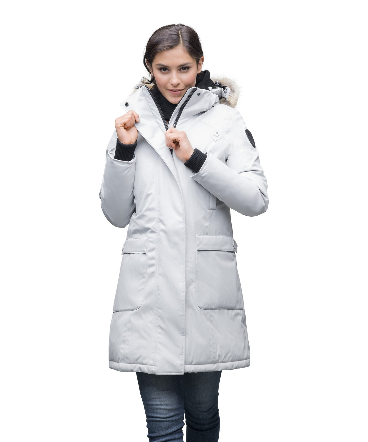 Best selling women's down filled knee length parka with removable down filled hood in Light Grey