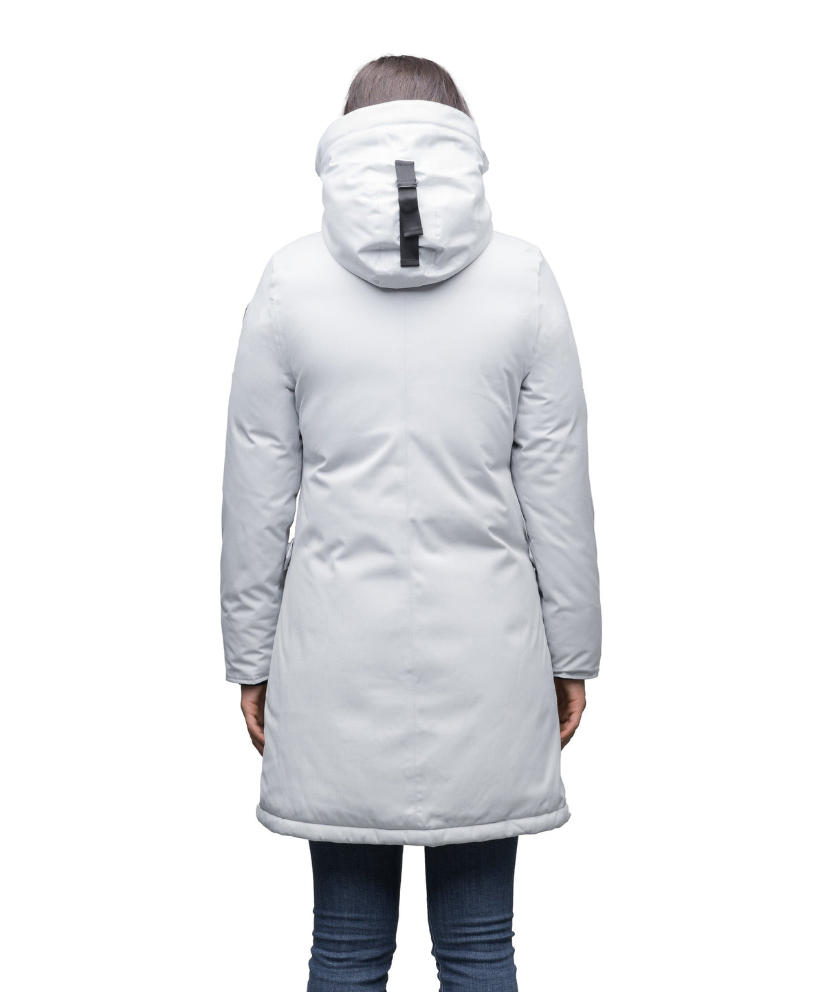 Best selling women's down filled knee length parka with removable down filled hood in Light Grey