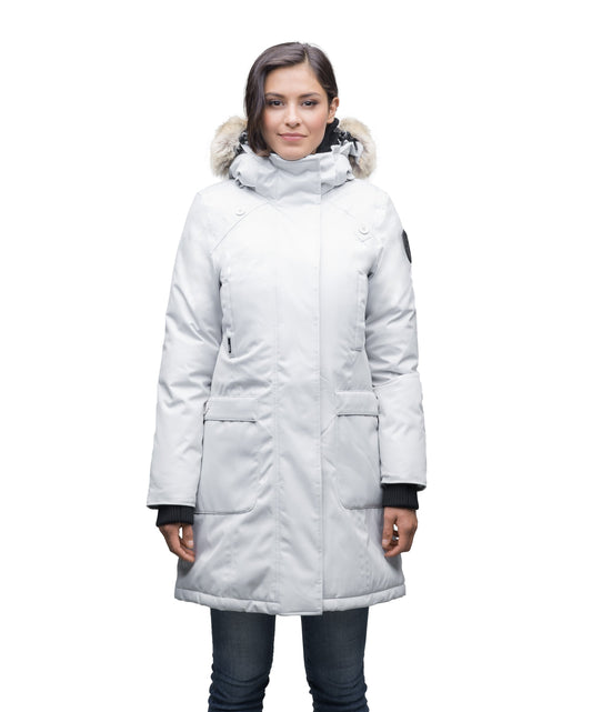 Best selling women's down filled knee length parka with removable down filled hood in CH Light Grey + CH Light Grey