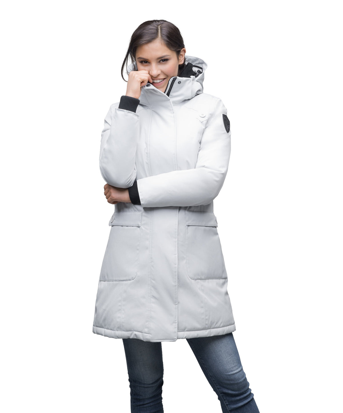 Best selling women's down filled knee length parka with removable down filled hood in Light Grey