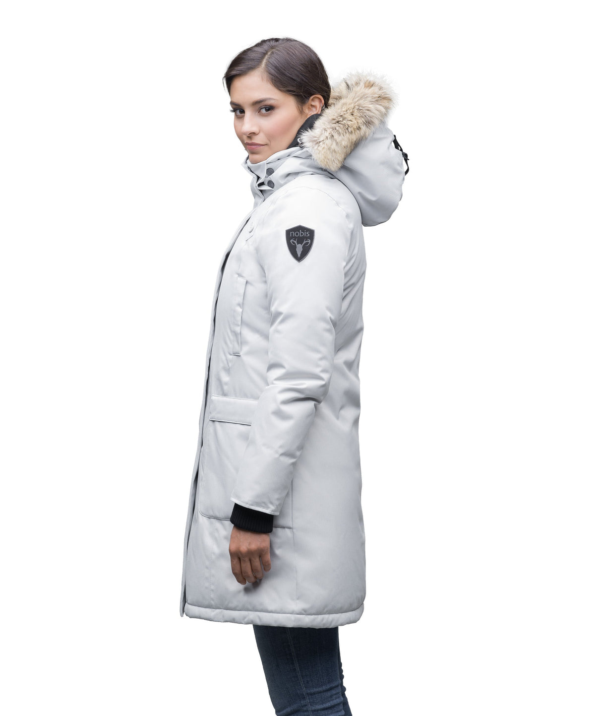 Best selling women's down filled knee length parka with removable down filled hood in Light Grey
