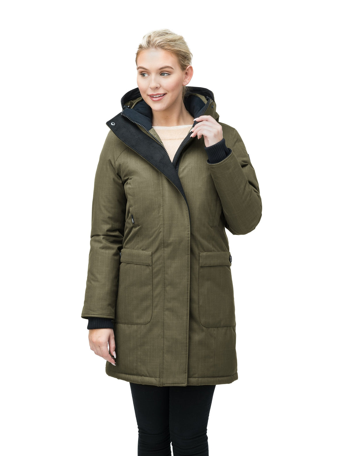 Best selling women's down filled knee length parka with removable down filled hood in Fatigue