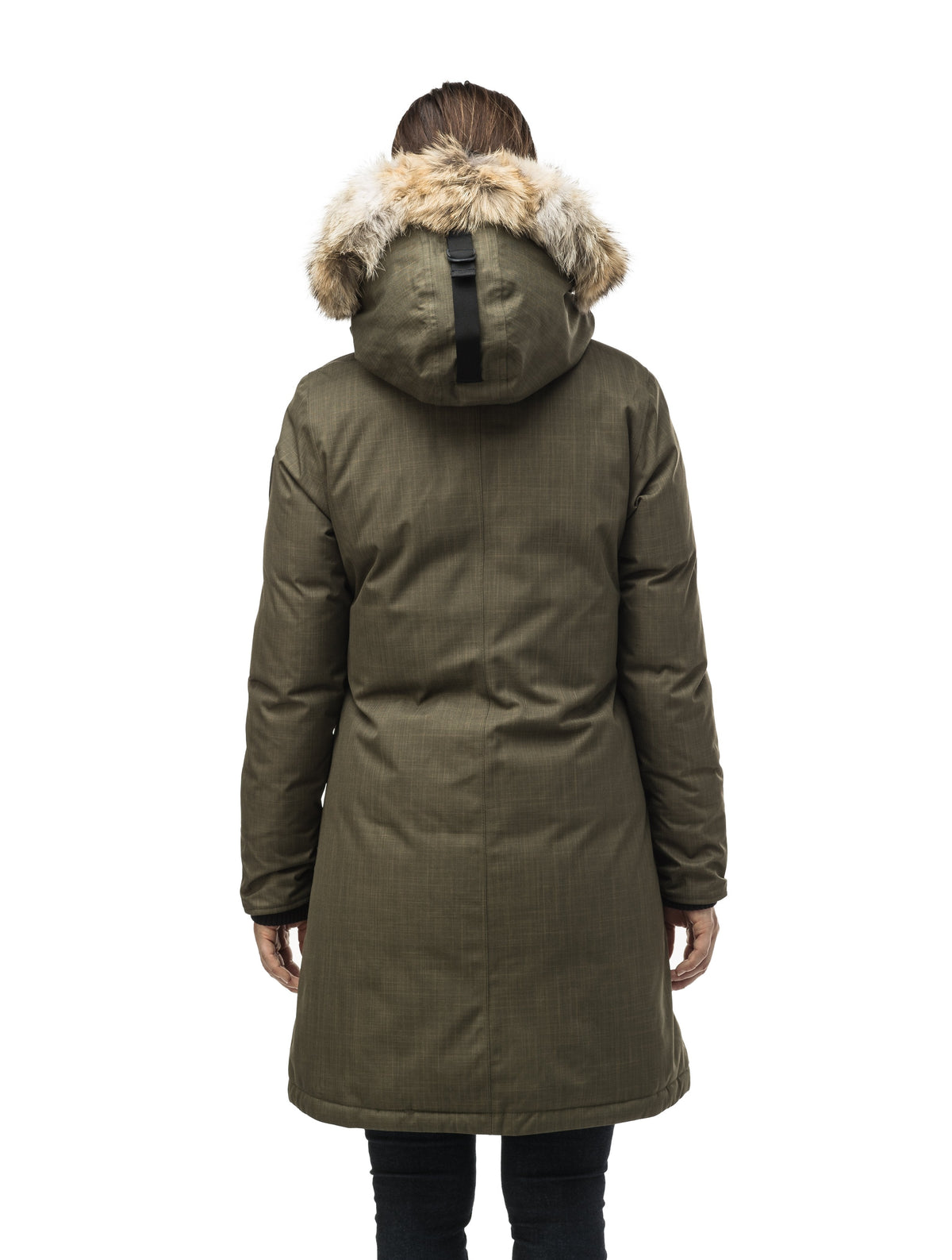 Best selling women's down filled knee length parka with removable down filled hood in Army Green