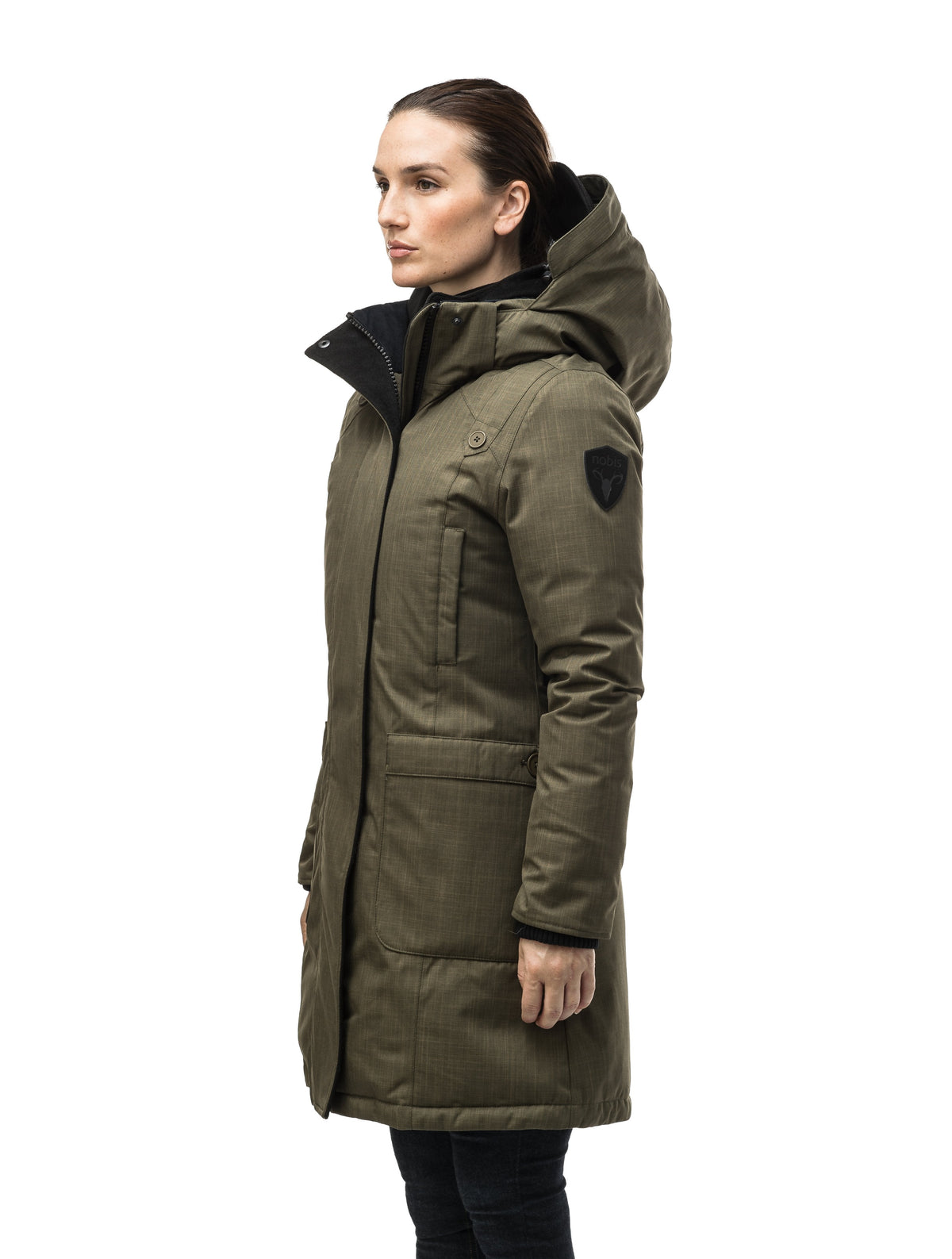 Best selling women's down filled knee length parka with removable down filled hood in Army Green