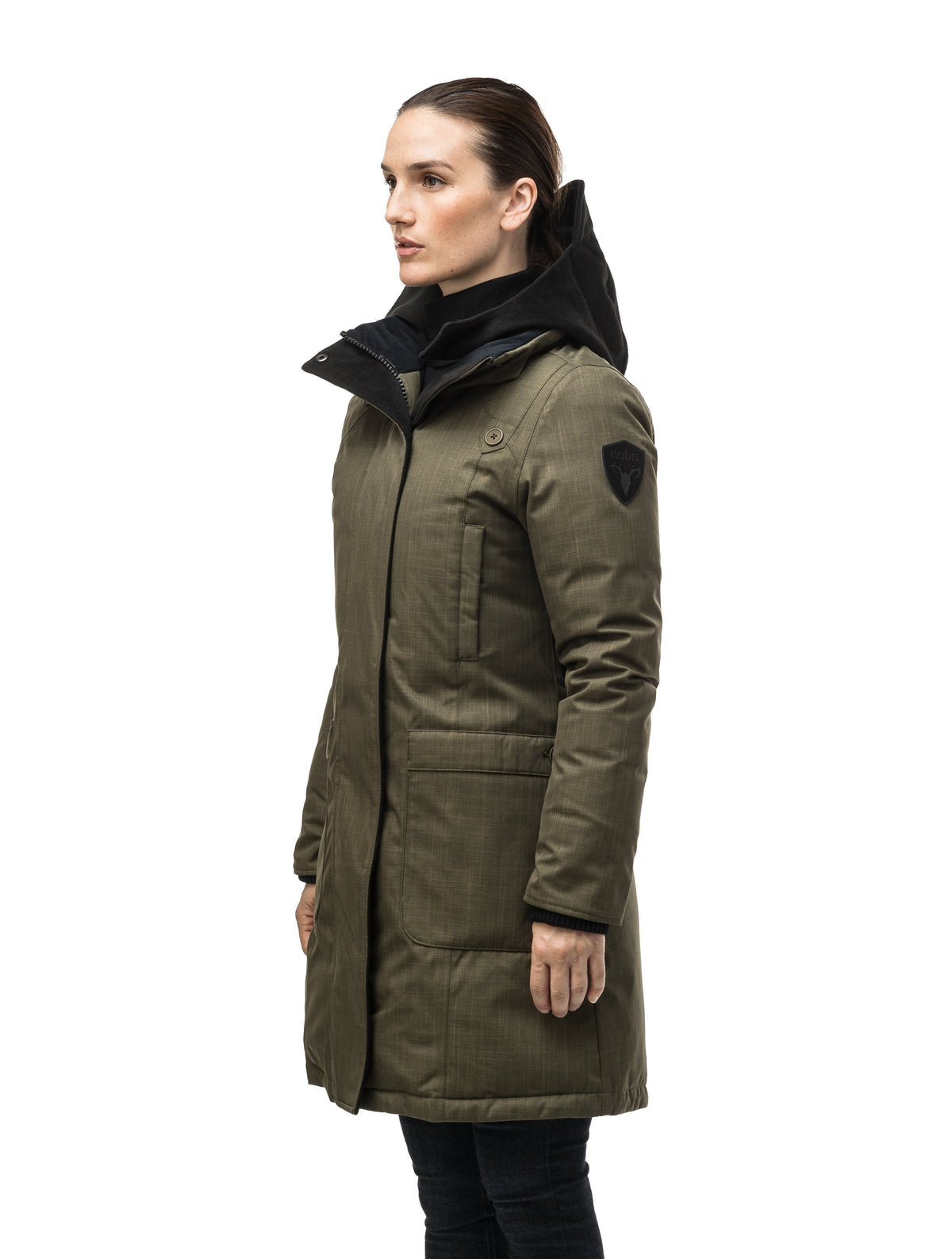 Best selling women's down filled knee length parka with removable down filled hood in Army Green