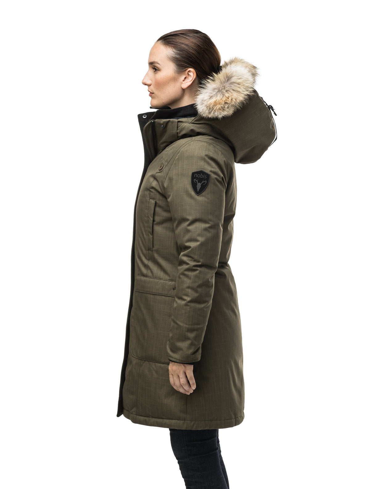 Best selling women's down filled knee length parka with removable down filled hood in Army Green