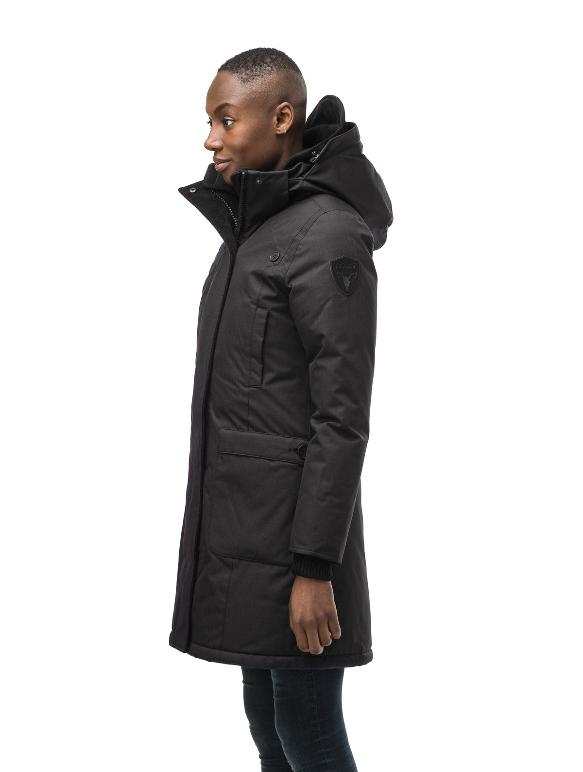 Best selling women's down filled knee length parka with removable down filled hood in Black