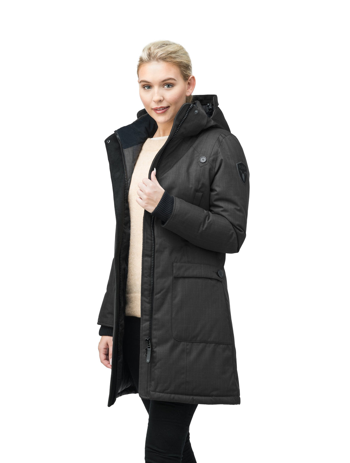 Best selling women's down filled knee length parka with removable down filled hood in Black