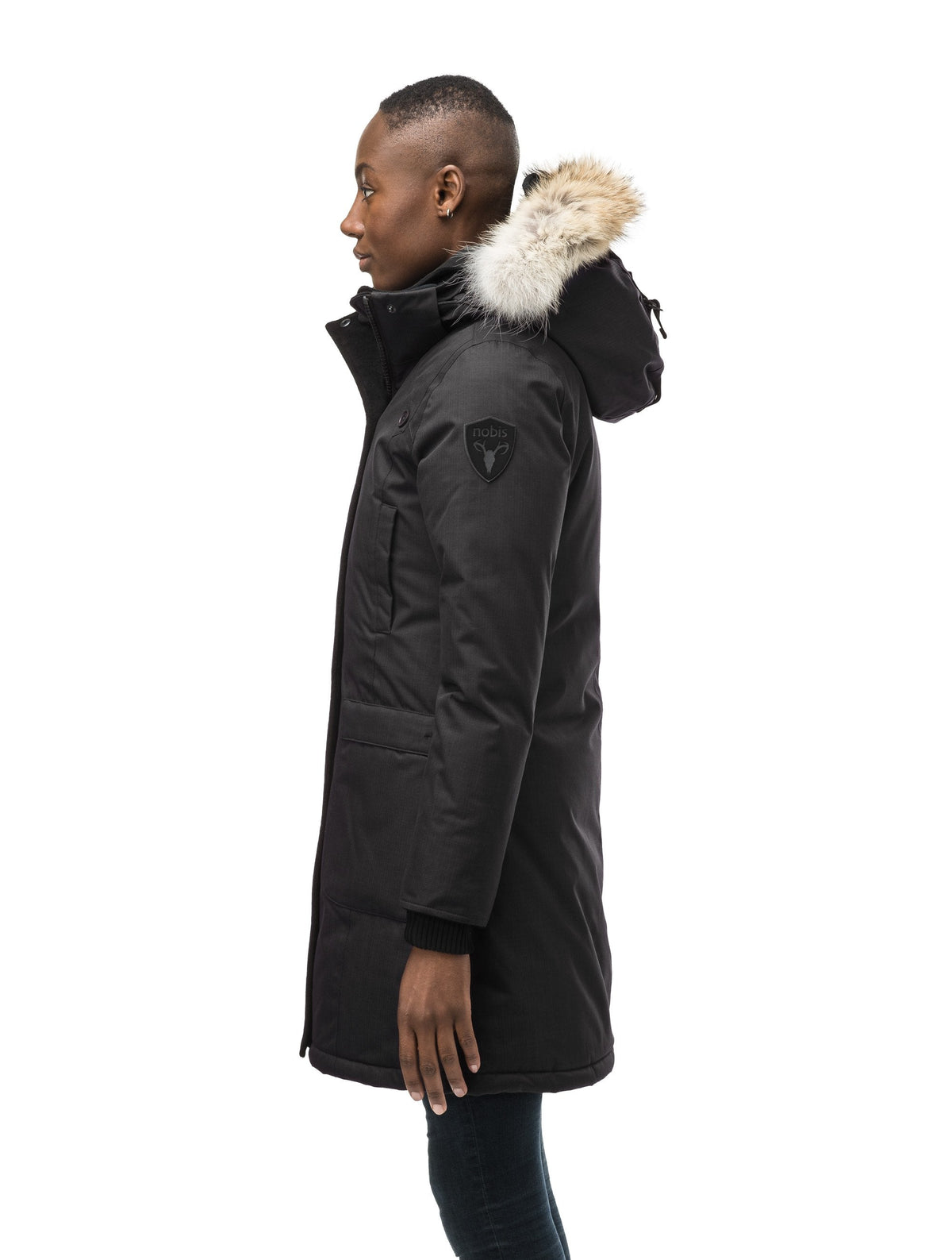 Best selling women's down filled knee length parka with removable down filled hood in Black