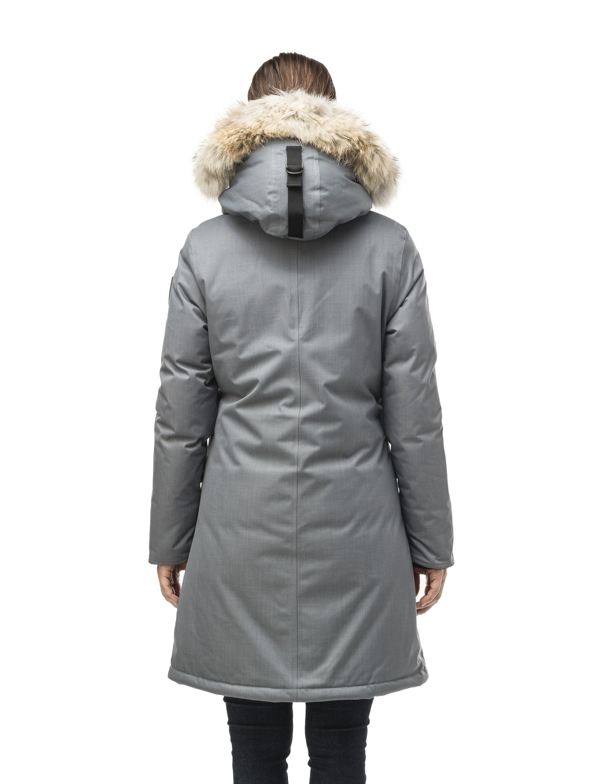 Best selling women's down filled knee length parka with removable down filled hood in Concrete