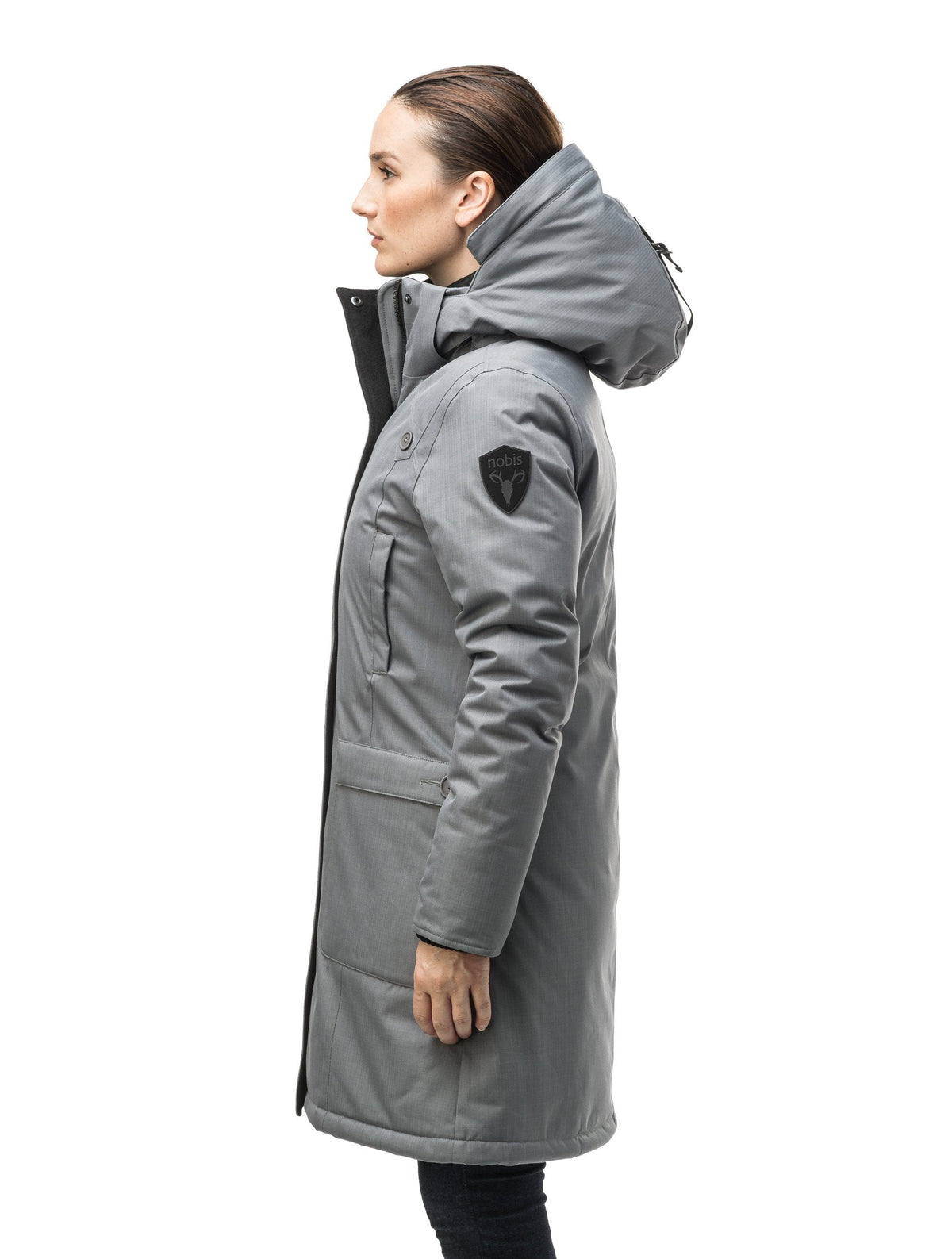 Best selling women's down filled knee length parka with removable down filled hood in Concrete