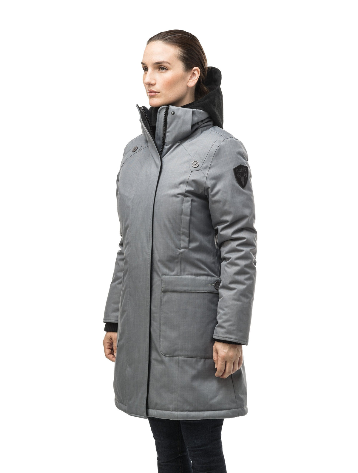 Best selling women's down filled knee length parka with removable down filled hood in Concrete