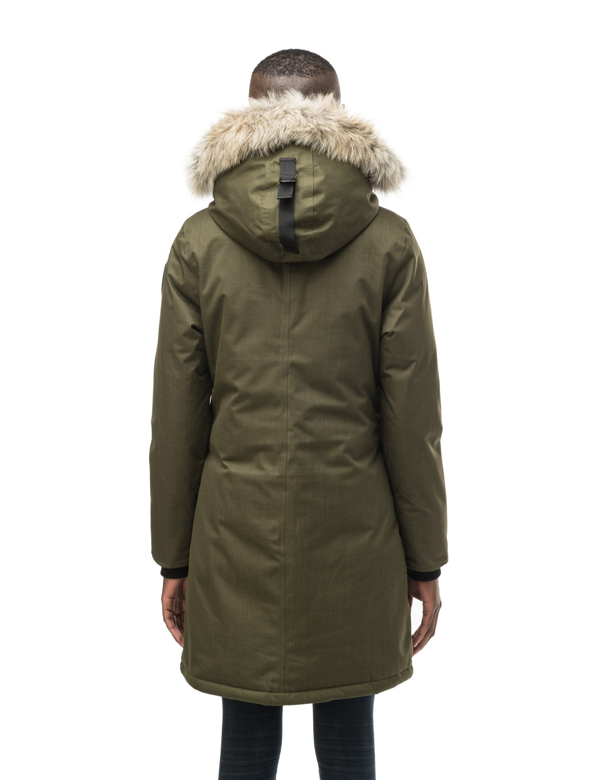 Best selling women's down filled knee length parka with removable down filled hood in Fatigue