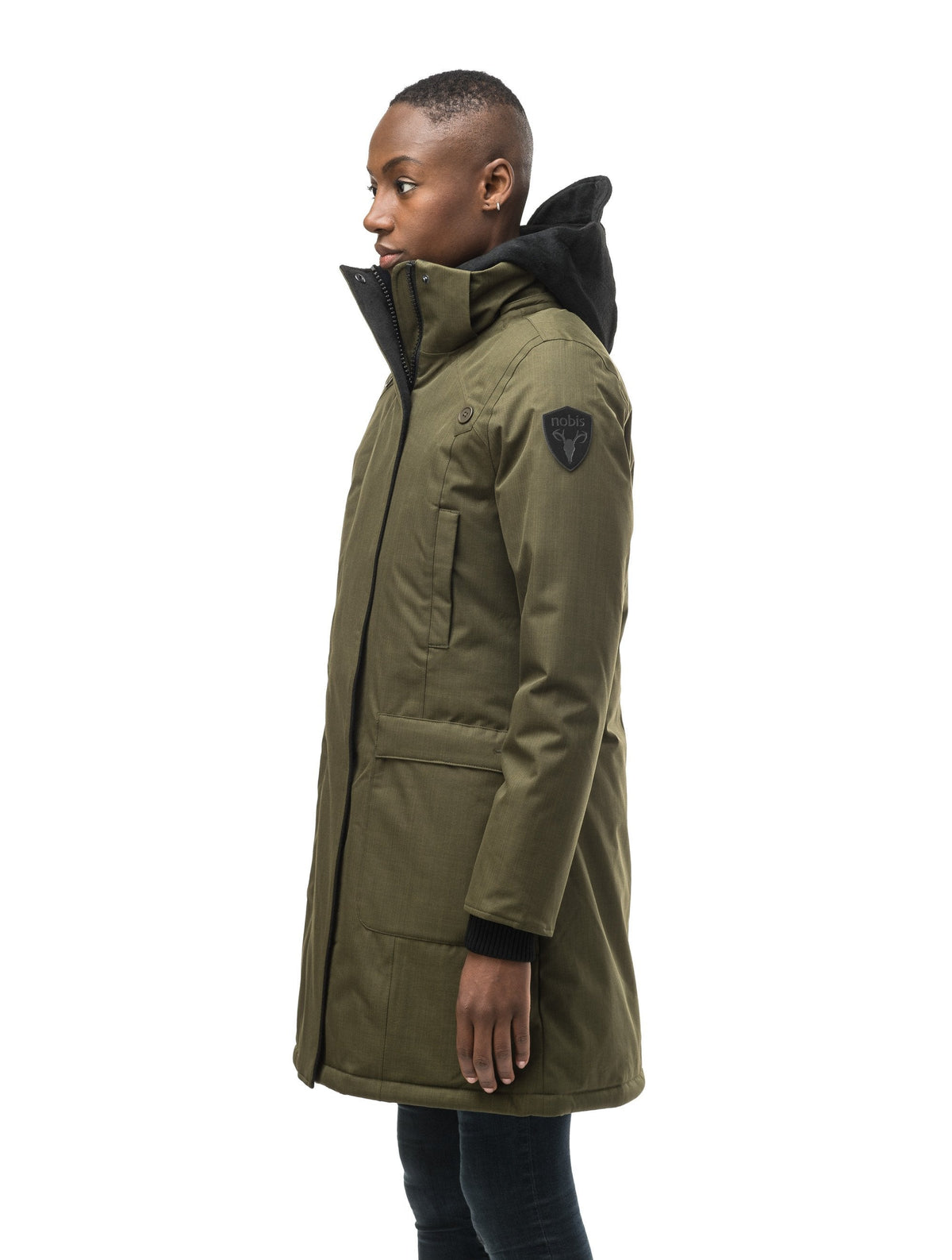 Best selling women's down filled knee length parka with removable down filled hood in Fatigue