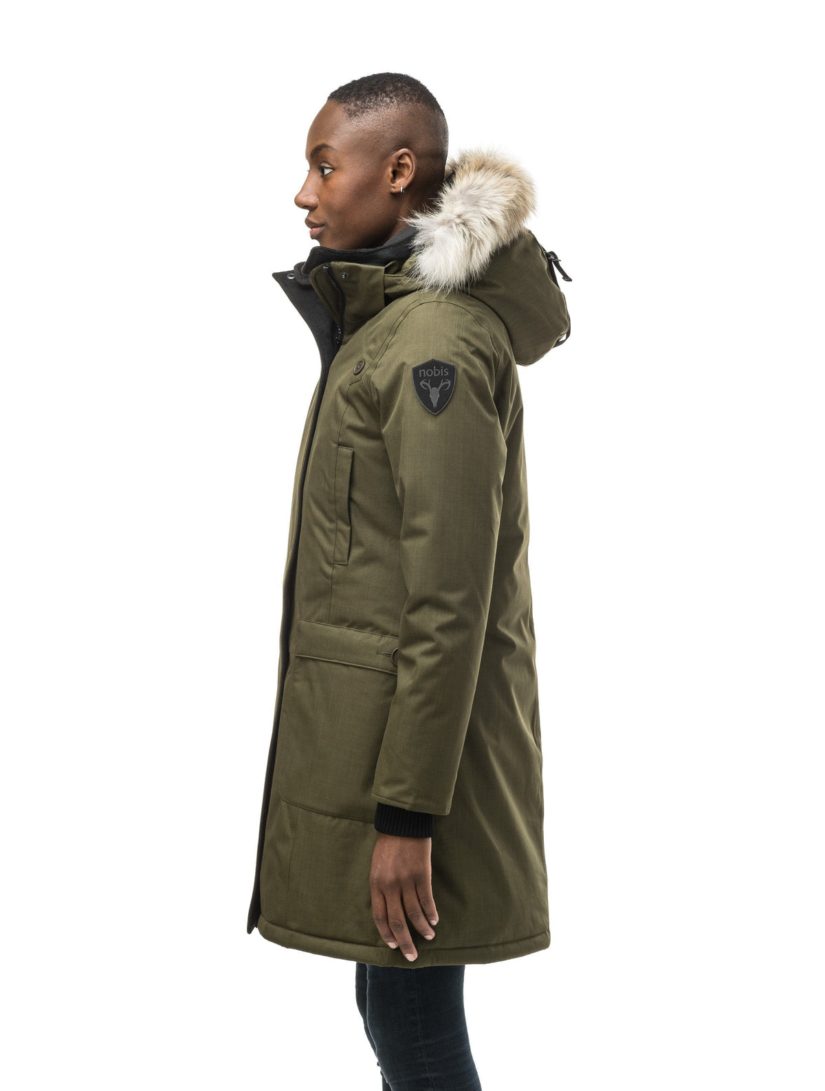 Best selling women's down filled knee length parka with removable down filled hood in Fatigue