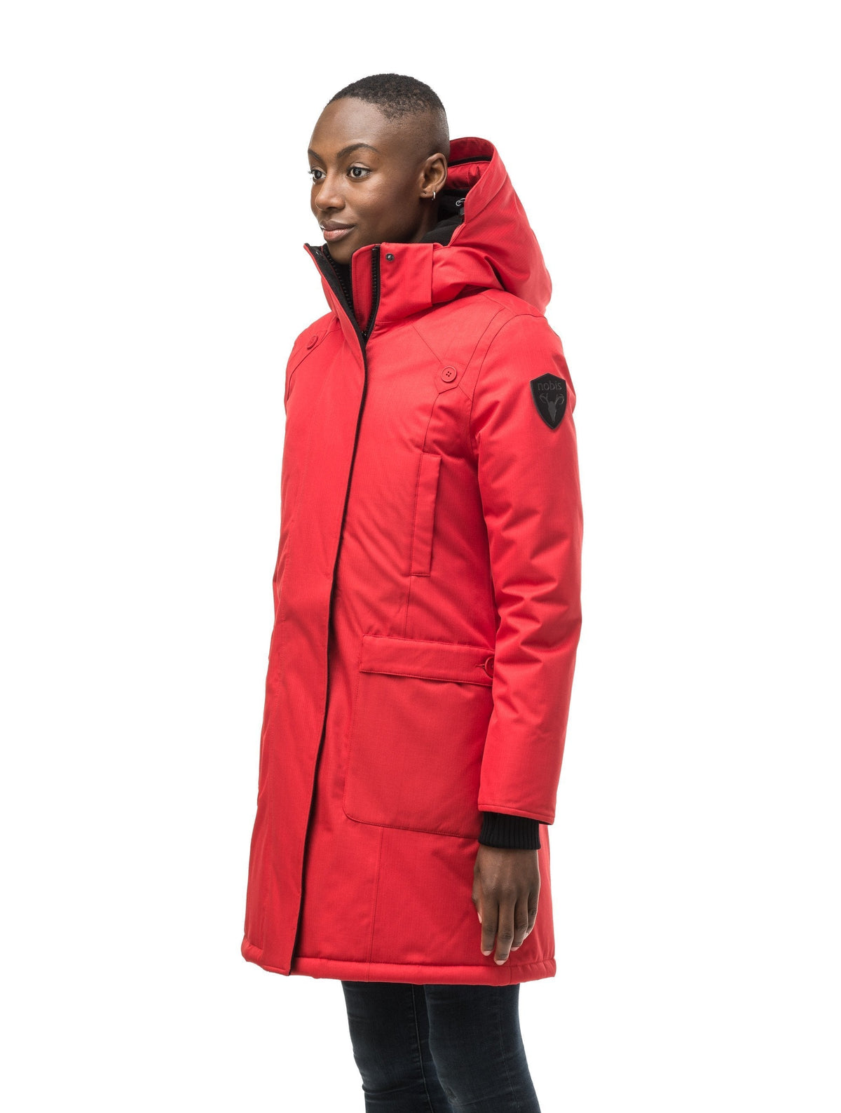 Best selling women's down filled knee length parka with removable down filled hood in Red