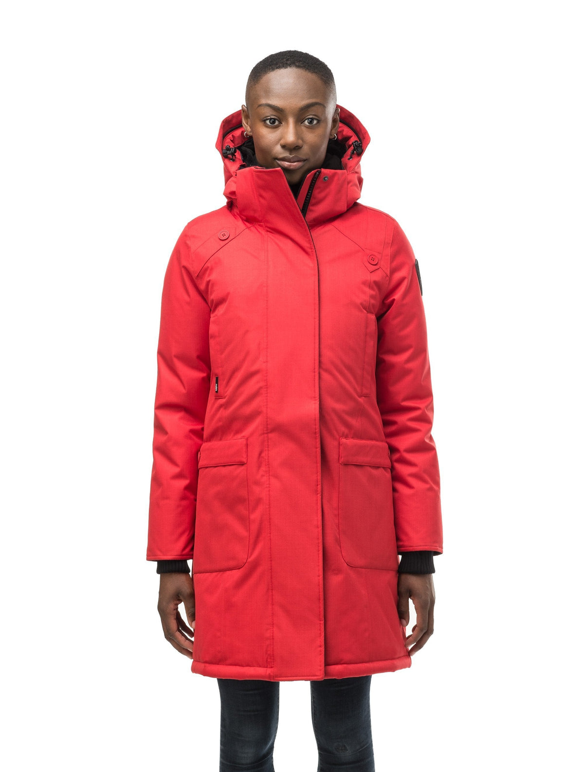 Best selling women's down filled knee length parka with removable down filled hood in Red